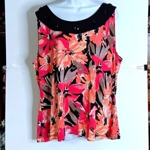 Laura Ashley Floral Sleeveless Blouse Beaded Neck 2X Pink Orange Tropical Top